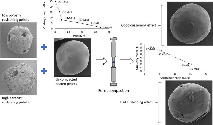 Influence of the porosity of cushioning excipients on the compaction of coated multi-particulates